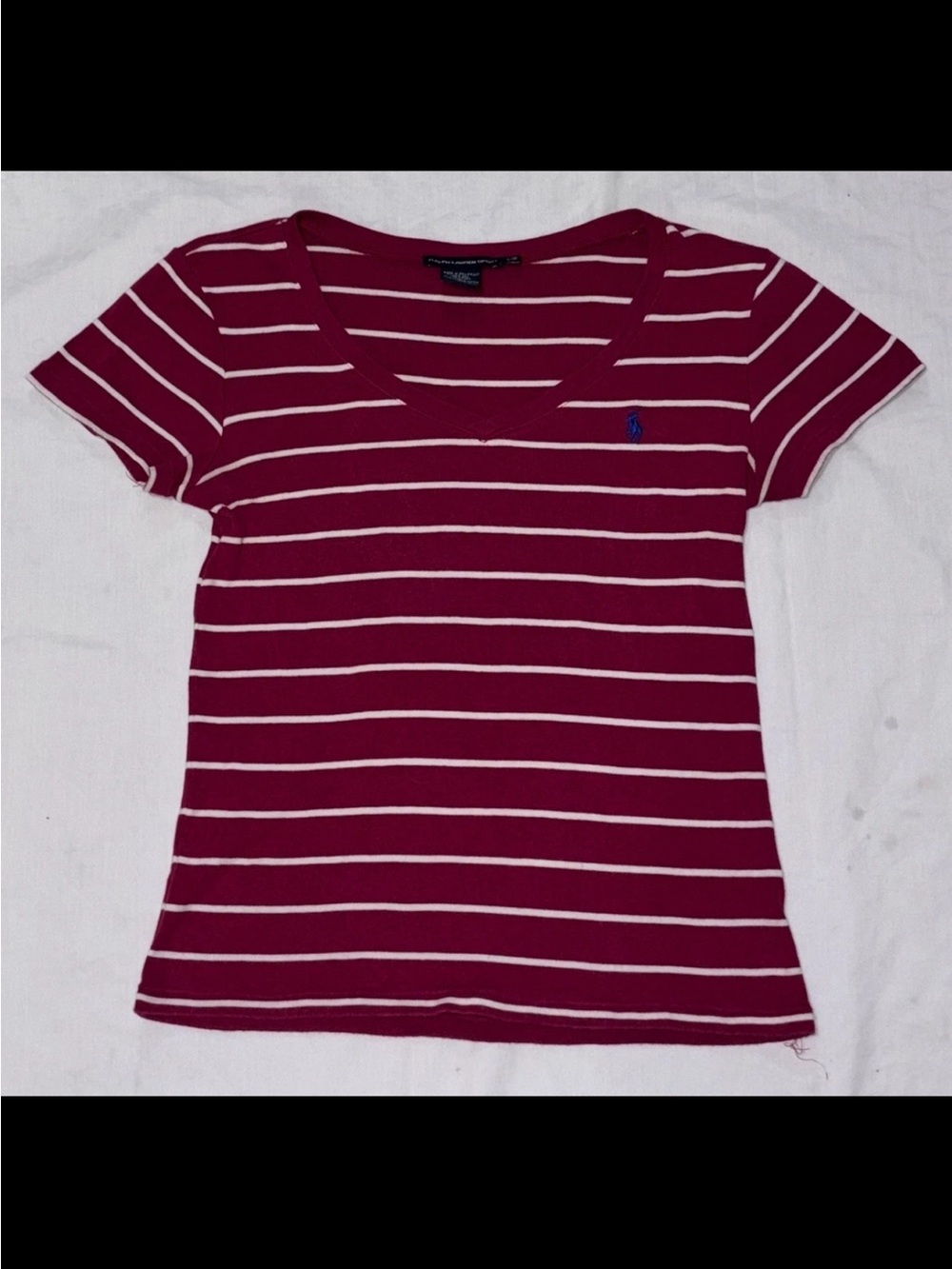 Ralph Lauren Sport VTG Pink White Striped V Neck Cap Sleeve T-Shirt WMNS SZ.L